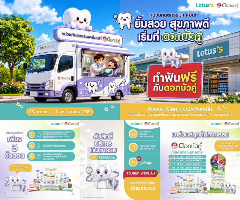 ดอกบัวคู่ จัดกิจกรรมใหญ่ส่งต่อรอยยิ้มสุขภาพดี ซื้อผลิตภัณฑ์ดอกบัวคู่ รับสิทธิ์ตรวจฟัน–ขูดหินปูนฟรี บนรถทันตกรรมเคลื่อนที่ ณ โลตัส 5 สาขา