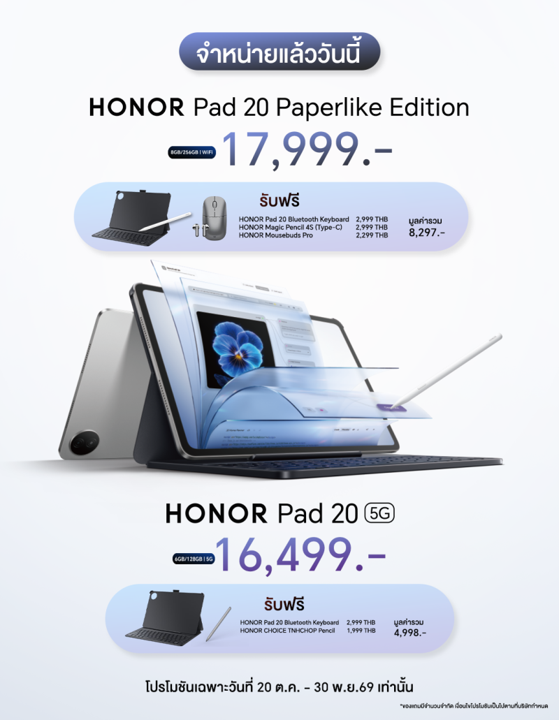 เปิดตัว HONOR Pad 20 Paperlike Edition และ HONOR Pad 20 5G ชูจุดเด่นหน้าจอ 3K ประสิทธิภาพการทำงานระดับ PC-Class พร้อมด้วย HONOR Watch 6 สมาร์ตวอตช์ แบตอึดสำหรับสายแอ็กทีฟ เริ่มวางจำหน่ายตั้งแต่ 20 ต.ค. 69 เป็นต้นไป